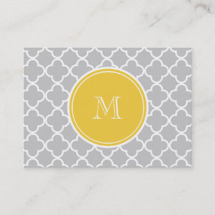 Graues Quatrefoil Muster, gelbes Monogramm Visitenkarte