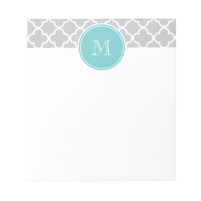 Graues Quatrefolienmuster, Aquamarines Monogramm Notizblock (Vorderseite)
