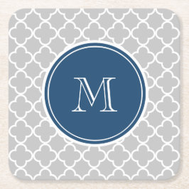 Graues Quatrefolienmuster, Navy Blue Monogram Rechteckiger Pappuntersetzer