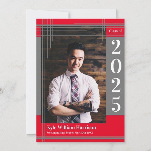 Graues Red School Color Abschluss Foto Kariert Einladung (Vorderseite)