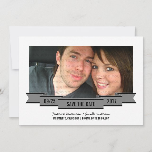 Graues Ribbon Foto Save the Date einladen (Vorderseite)