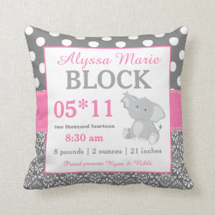 Graues rosa Elefant-Baby-Mitteilungs-Kissen Kissen