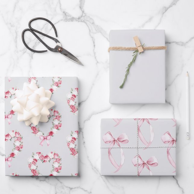 Graues Rosa Rosenblütenherz Brautparty Geschenkpapier Set (Vorderseite)