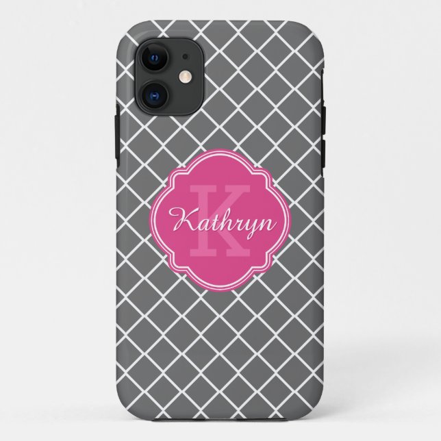 Graues, rosafarbenes Monogramm-Muster Case-Mate iPhone Hülle (Rückseite)