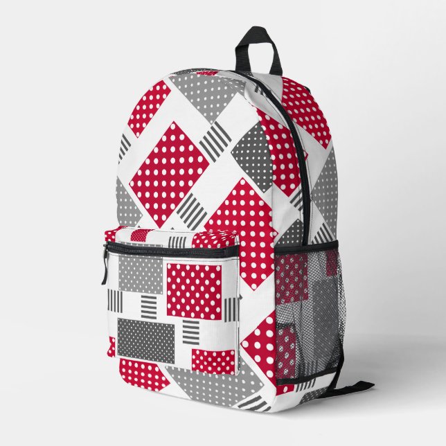 Graues rotes Polka-Dot-Patchwork auf weißem Hinter Bedruckter Rucksack (Rückseitige Ecke Rechts)