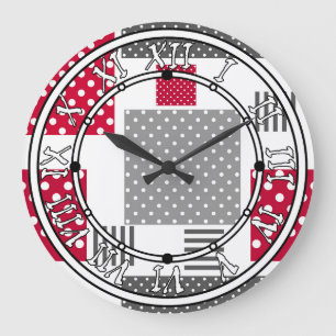 Graues rotes Polka-Dot-Patchwork auf weißem Hinter Große Wanduhr