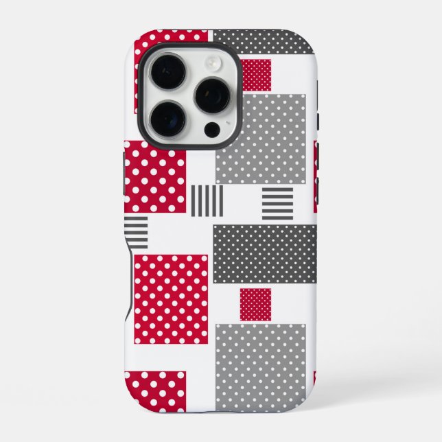 Graues rotes Polka-Dot-Patchwork auf weißem Hinter iPhone Hülle (Rückseite)
