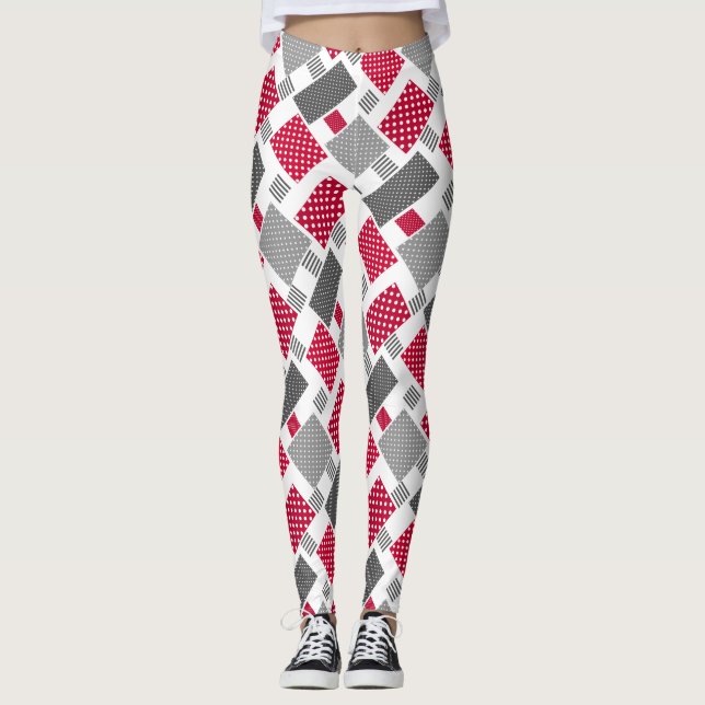 Graues rotes Polka-Dot-Patchwork auf weißem Hinter Leggings (Vorderseite)