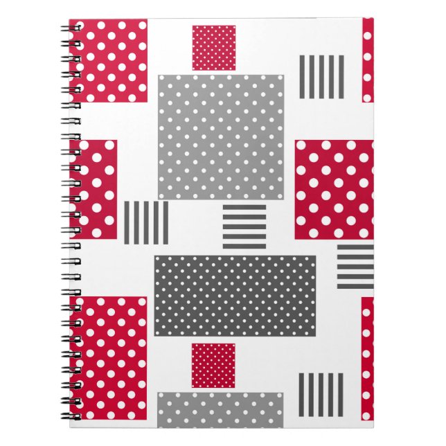 Graues rotes Polka-Dot-Patchwork auf weißem Hinter Notizblock (Vorderseite)