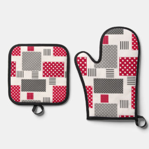 Graues rotes Polka-Dot-Patchwork auf weißem Hinter Ofenhandschuh & Topflappen-Set