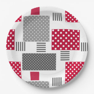 Graues rotes Polka-Dot-Patchwork auf weißem Hinter Pappteller