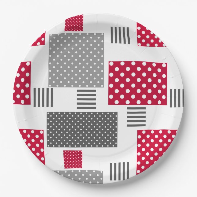 Graues rotes Polka-Dot-Patchwork auf weißem Hinter Pappteller (Vorderseite)