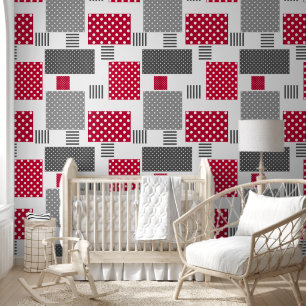 Graues rotes Polka-Dot-Patchwork auf weißem Hinter Tapete