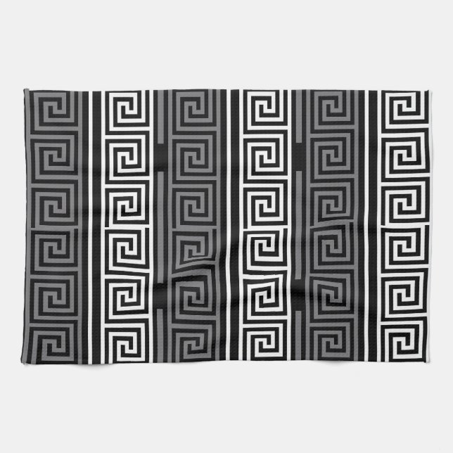 Graues Schwarz-Griechisch-Schlüsselmuster-Design Geschirrtuch (Horizontal)