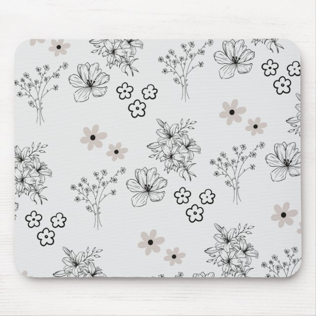 Graues Schwarzes Retro Y2K Hippie Blume Muster Mousepad (Vorne)