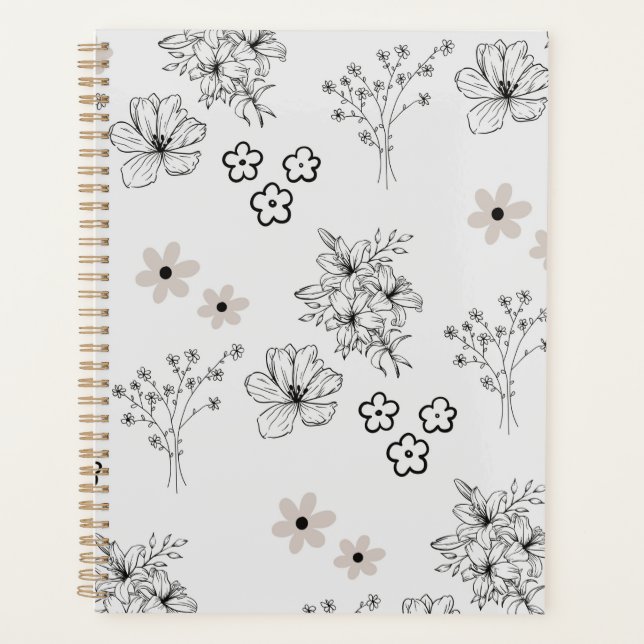 Graues Schwarzes Retro Y2K Hippie Blume Muster Planer (Vorderseite)