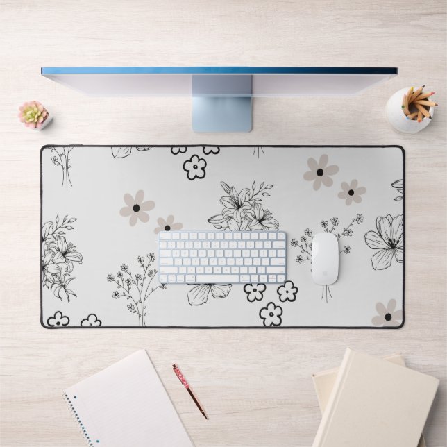 Graues Schwarzes Retro Y2K Hippie Blume Muster Schreibtischunterlage (Büro 1)