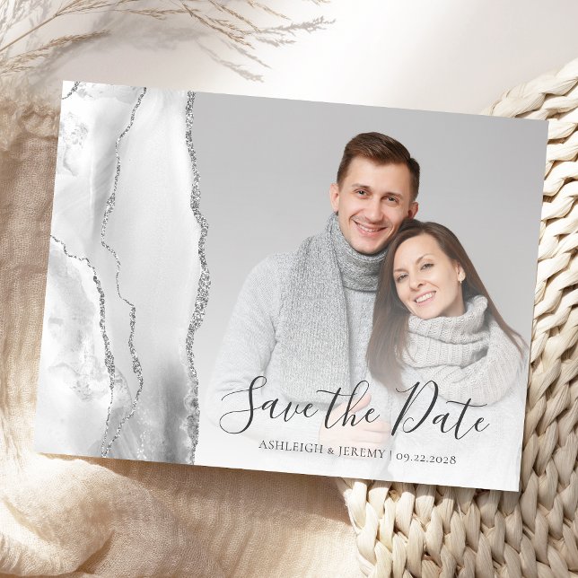 Graues Silver Agate Custom Foto Save the Date Postkarte (Von Creator hochgeladen)