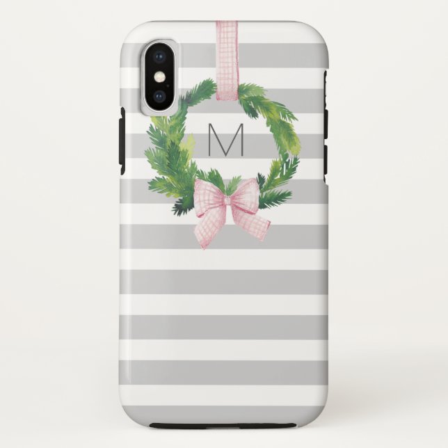 Graues Streifen WeihnachtsKranzmonogramm Case-Mate iPhone Hülle (Rückseite)