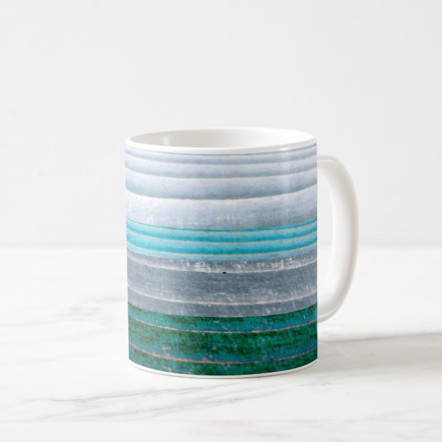 Graues und Aquamarin blaues Streifen Naturholz Kaffeetasse (VorderseiteRechts)