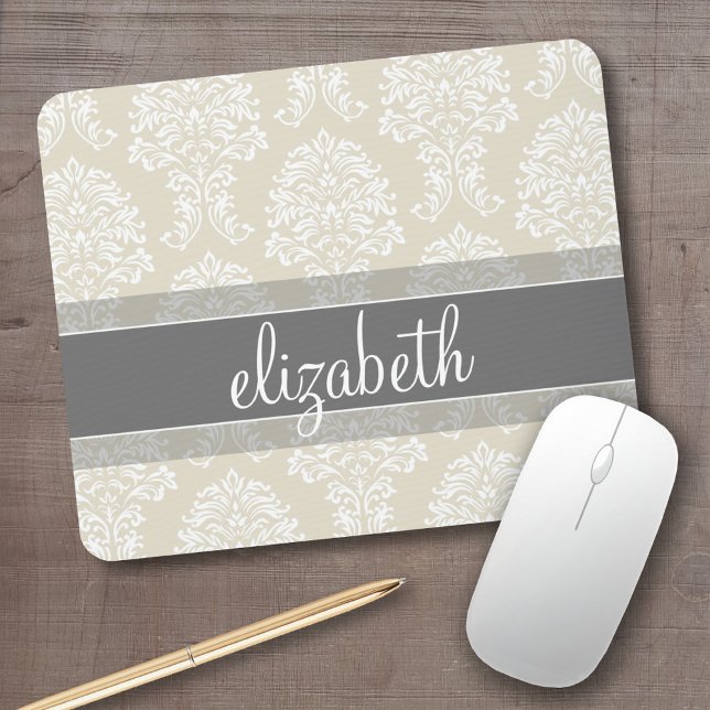 Graues und Elfenbein-Vintages Damaskusmuster mit N Mousepad (Personalized mousepad - add your custom text)