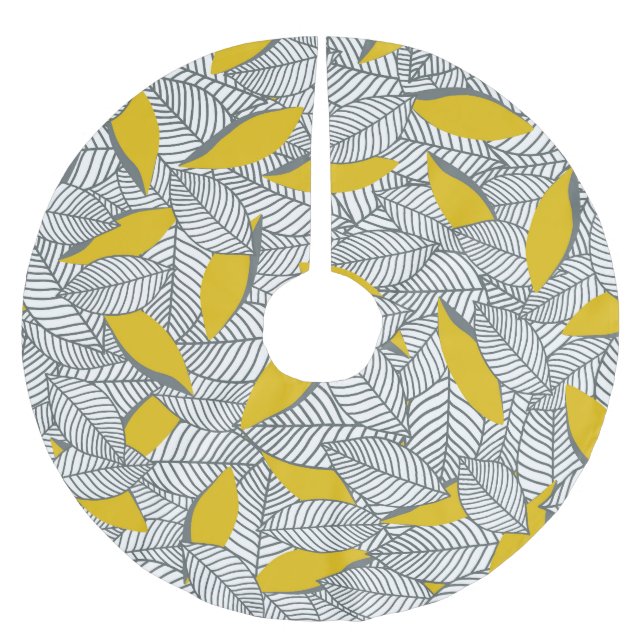 Graues und gelbes Blatt Muster. Polyester Weihnachtsbaumdecke (Vorderseite)