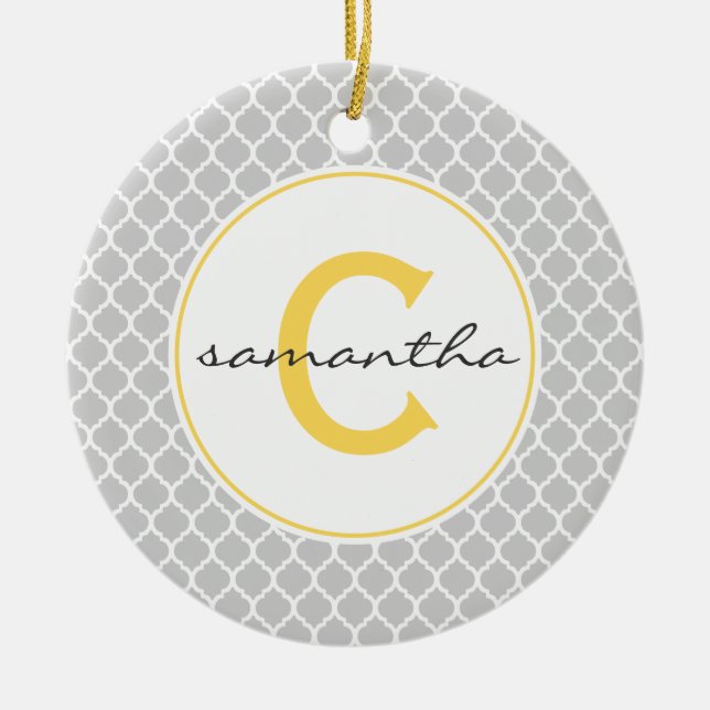 Graues und gelbes Quatrefoil Monogramm Keramikornament (Vorne)