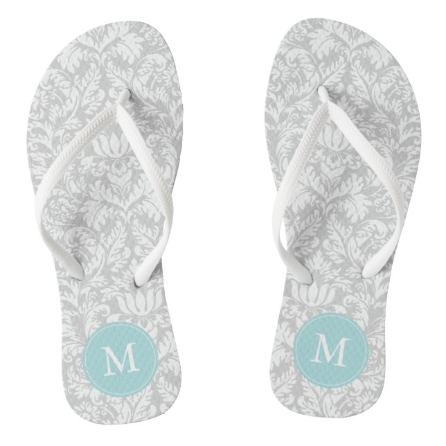 Graues und hellblaues Damaskus-Muster Mit Monogram Flip Flops (Fußbett)