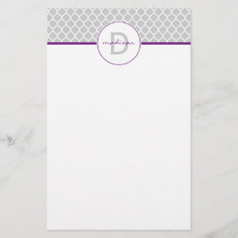 Graues und lila Quatrefoil Monogramm Briefpapier