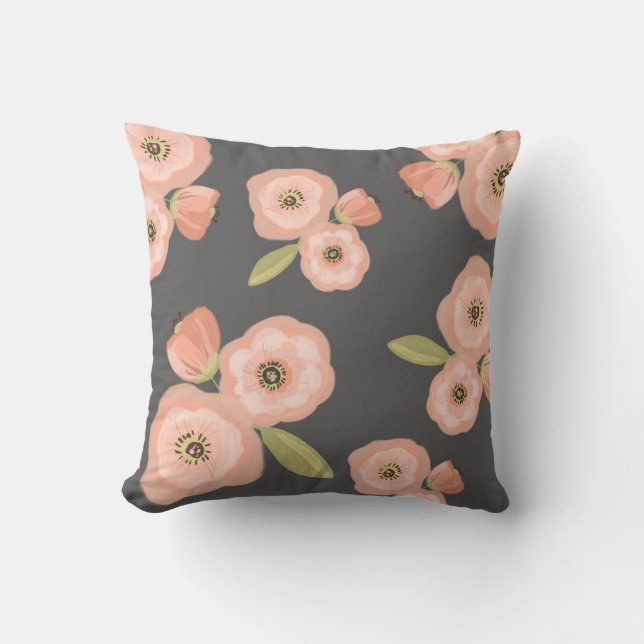 Graues und rosa Aquarell-BlumenWurfs-Kissen Kissen (Vorderseite)