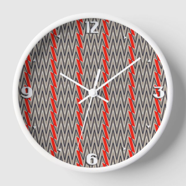 Graues und rotes Zickzack Design Uhr (Vorderseite)