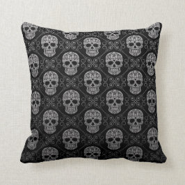Graues und schwarzes Zuckerschädel-Muster Kissen