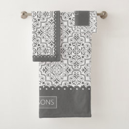 Graues und weißes Damastmuster, gerollte Ränder Badhandtuch Set