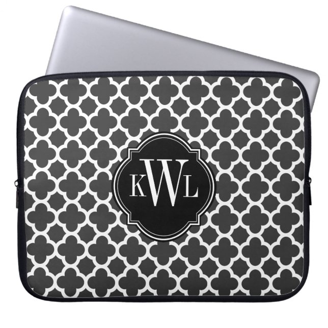 Graues und weißes Quatrefoil Muster-Monogramm Laptopschutzhülle (Vorderseite)