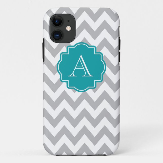 Graues und weißes Zickzack aquamarines Monogramm Case-Mate iPhone Hülle (Rückseite)