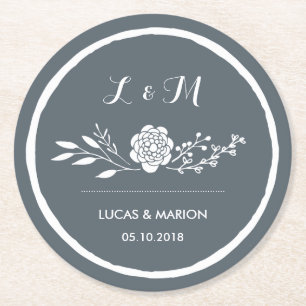 Graues Vintage-Blumenstrauß-Monogramm-Hochzeitsfei Runder Pappuntersetzer