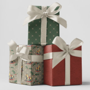 Graues Vintages Rocking Horse Heilige Weihnachten Geschenkpapier Set