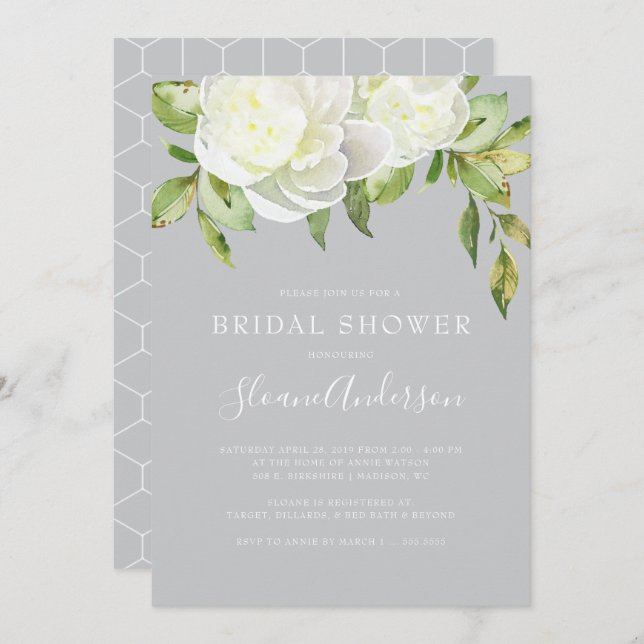 Graues Wasserfarbenes Frühlingsblumenpeony Brautpa Einladung (Vorne/Hinten)