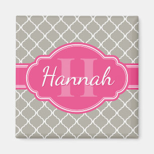 Graues Weiß-Gitter-Muster-Rosa-Monogramm Magnet