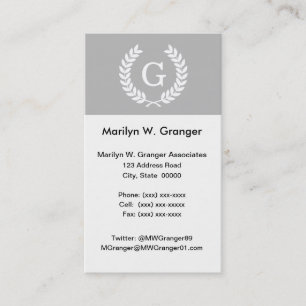 Graues Weiß Laurel Wreath Initial Monogram Visitenkarte