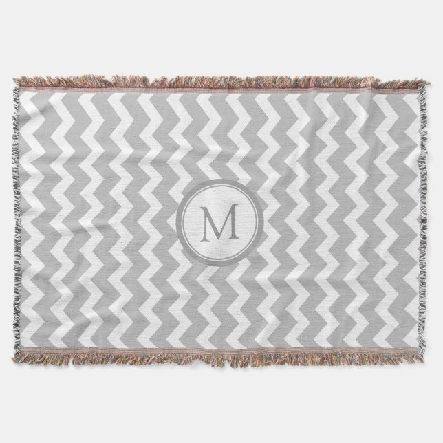 Graues Weiß-Zickzack Muster-Monogrammthrow-Decke Decke (Vorderseite)