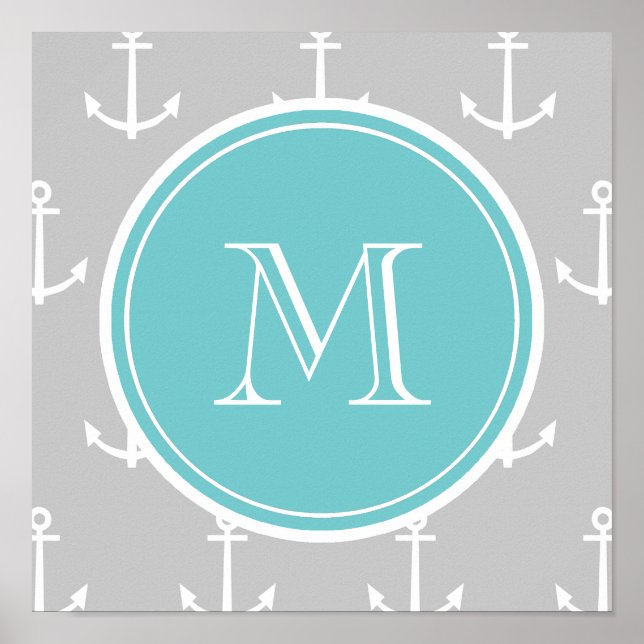 Graues weißes Ankermuster, Aquamarines Monogramm Poster (Vorne)