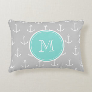 Graues weißes Ankermuster, Minze Monogramm Dekokissen