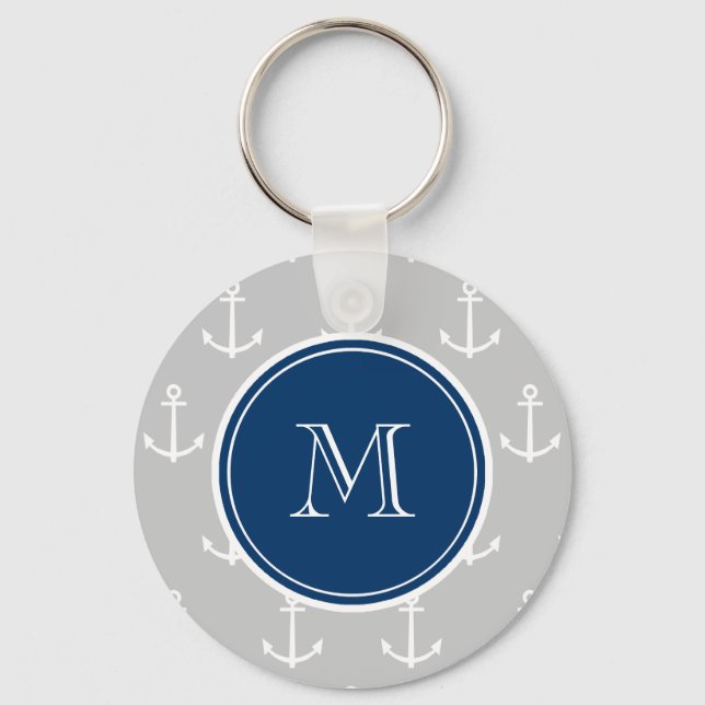 Graues weißes Ankermuster, Navy Blue Monogram Schlüsselanhänger (Vorderseite)