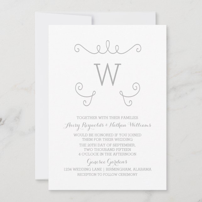 Graues, weißes, Geblüht Monogramm, Einladung zur H (Vorderseite)