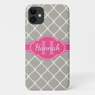 Graues weißes Gittermuster Pink Monogramm Case-Mate iPhone Hülle