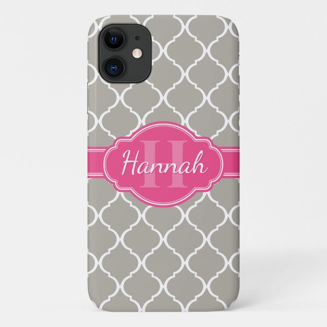 Graues weißes Gittermuster Pink Monogramm Case-Mate iPhone Hülle (Rückseite)