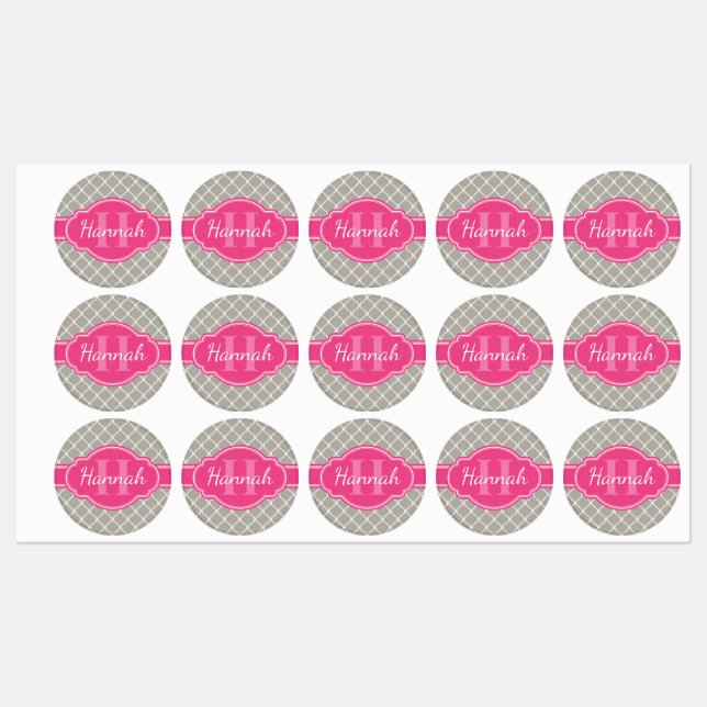 Graues weißes Gittermuster Pink Monogramm Etiketten (Blatt)