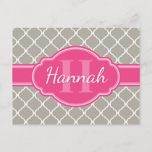 Graues weißes Gittermuster Pink Monogramm Postkarte