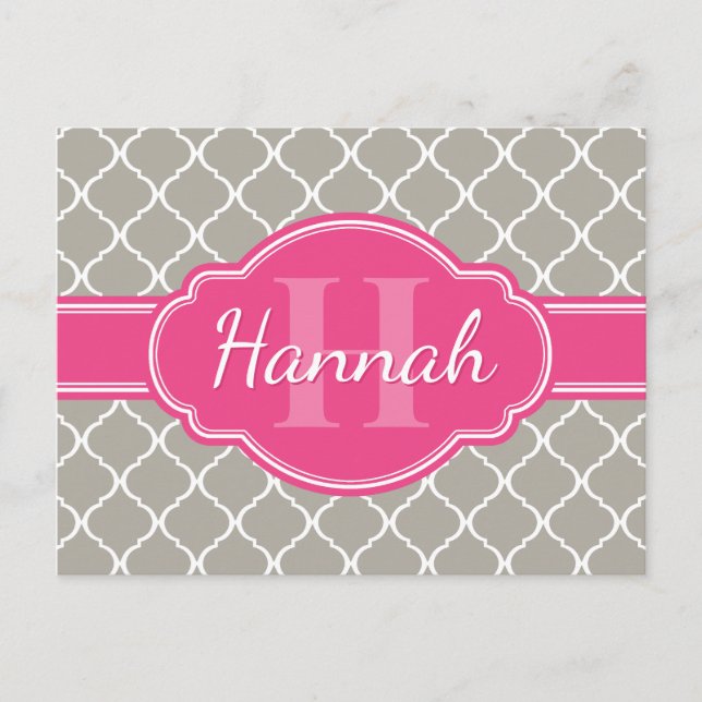 Graues weißes Gittermuster Pink Monogramm Postkarte (Vorderseite)